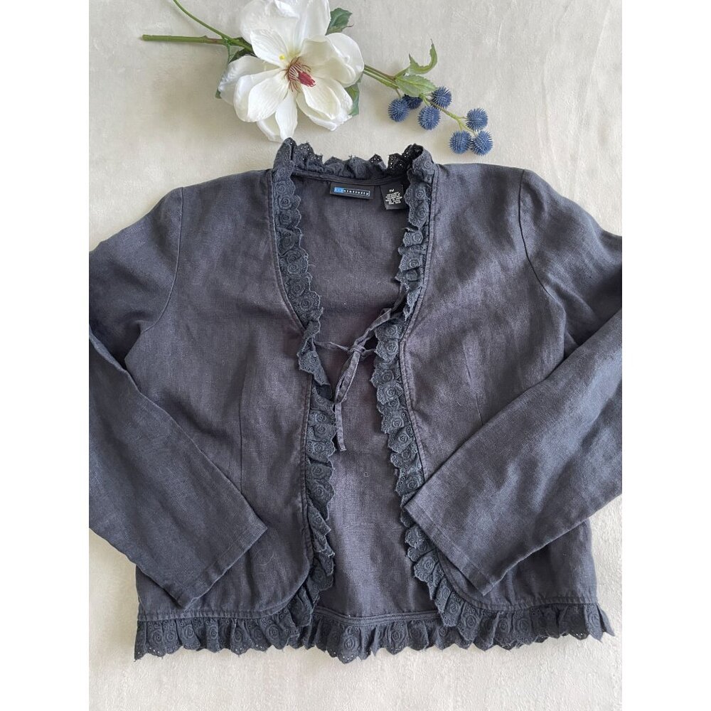 Relativity Womens 100% Linen Ruffle Cardigan PM Black Lace Trim & Tie Whimsigoth